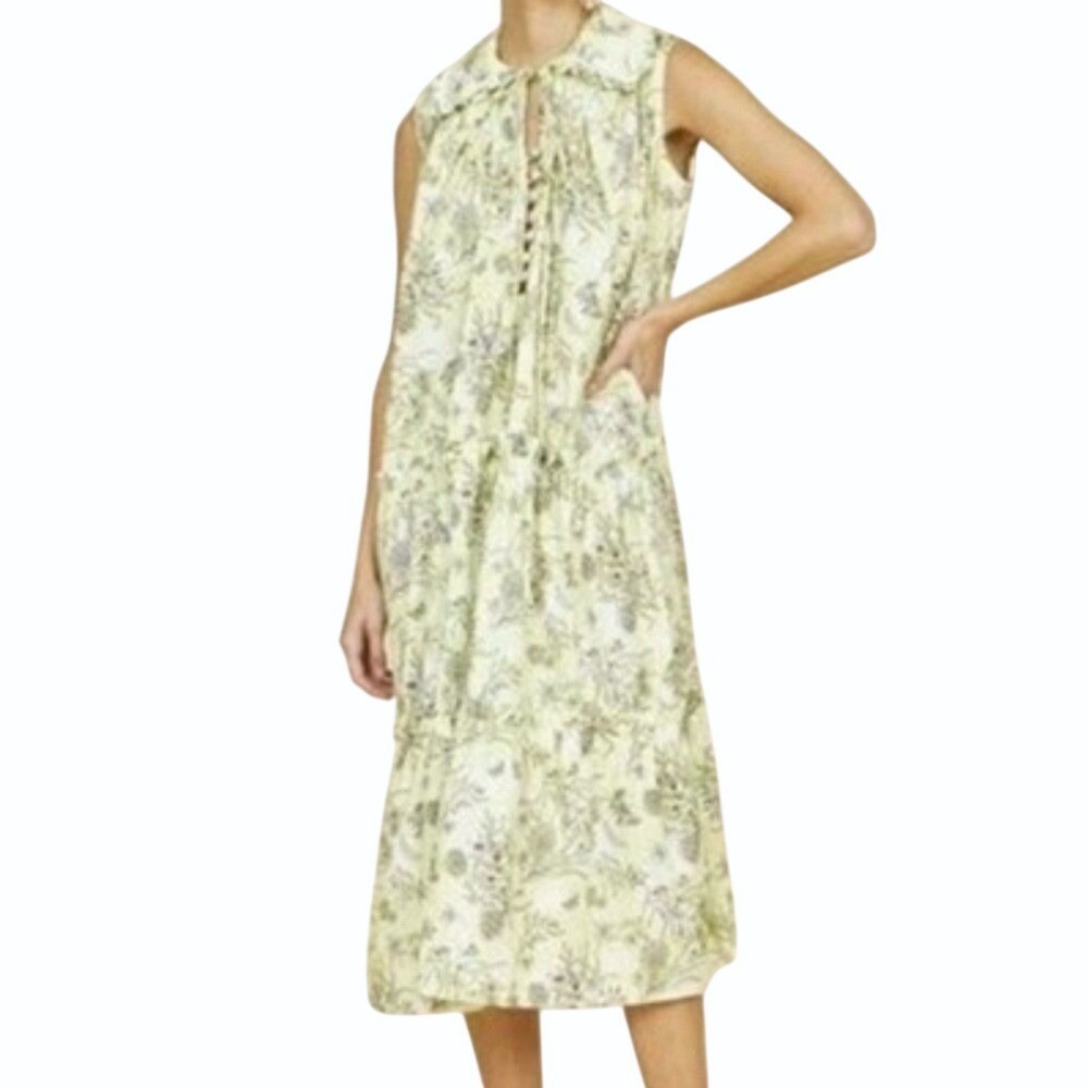Hunter Bell Dress Green Floral Butterfly Lace Trim Tiered Maxi Cottagecore Small